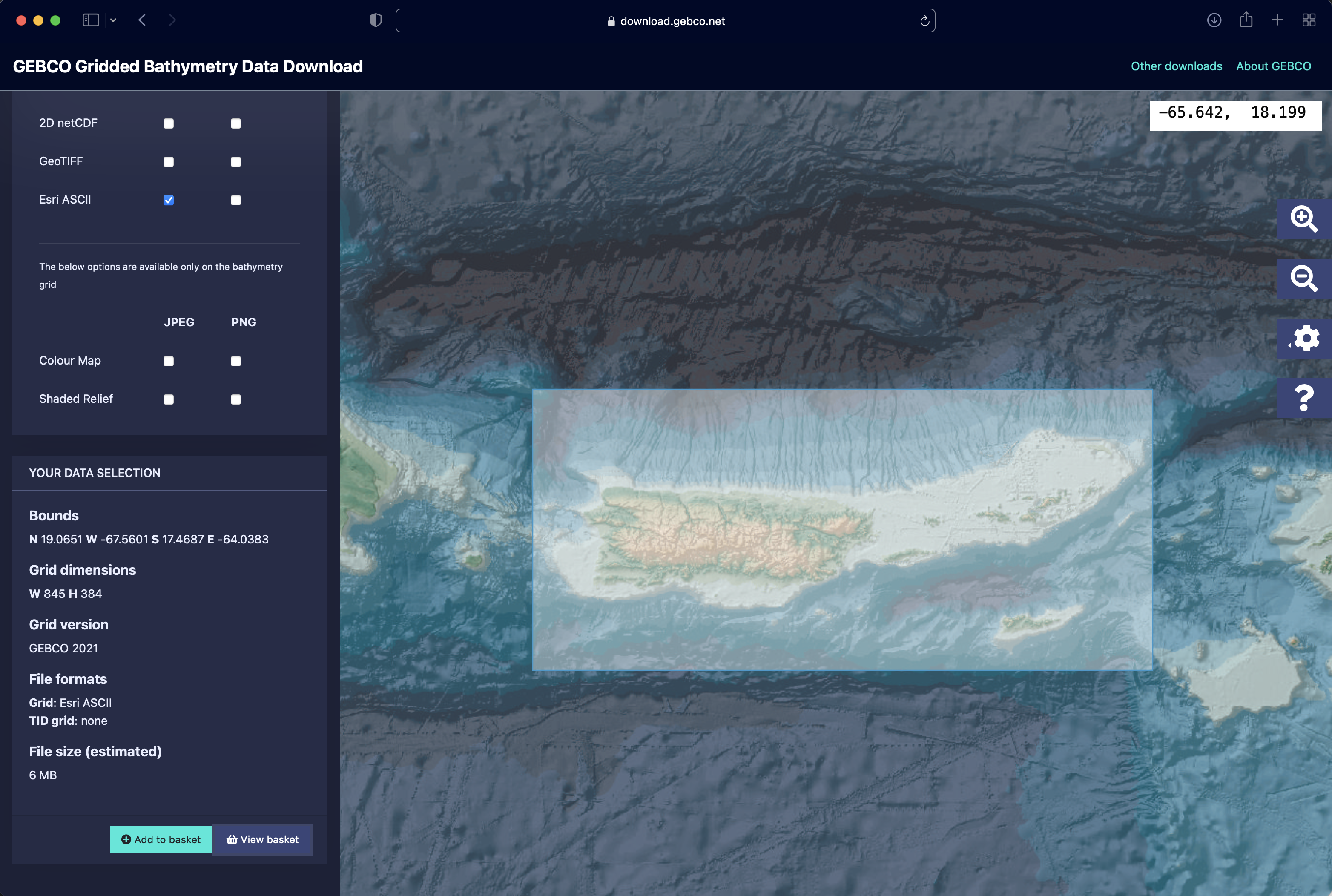 Download bathymetry map of Puerto Rico and the Virgin Islands from the GEBCO website